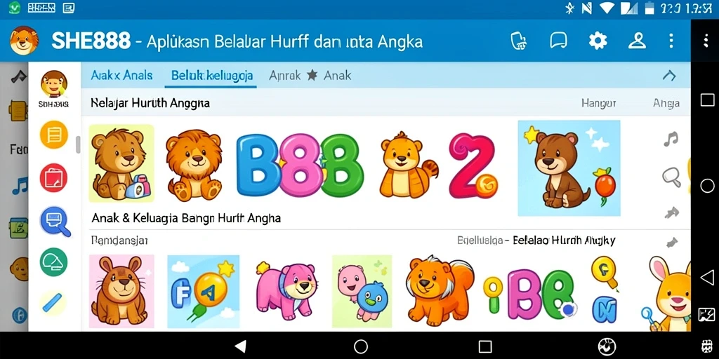 Tampilan antarmuka aplikasi SHE888 yang menarik untuk belajar huruf dan angka.