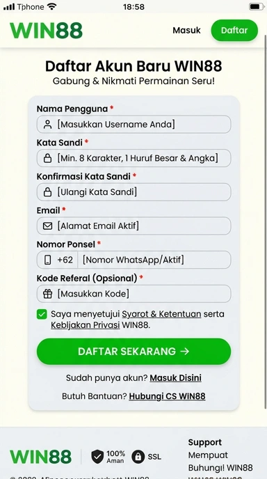 Tampilan halaman daftar win88